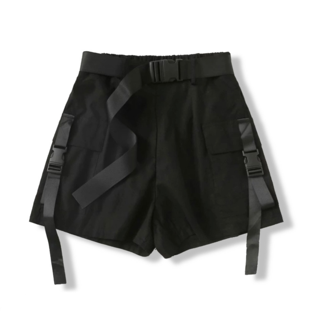 Black High Waisted Buckle Shorts with Buckled pockets